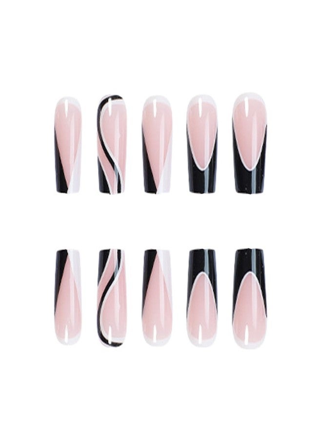 SINHOT Square Press on Nails Medium Fake Nails Glossy Glue on Nails Black White Swirl Acrylic Nails Squoval Artificial Nails French Tip Stick on False Nails with Design 24pcs - Image 2